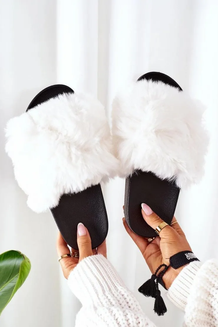 Damskie Boto Gumowe Klapki Z Futerkiem Białe Soft