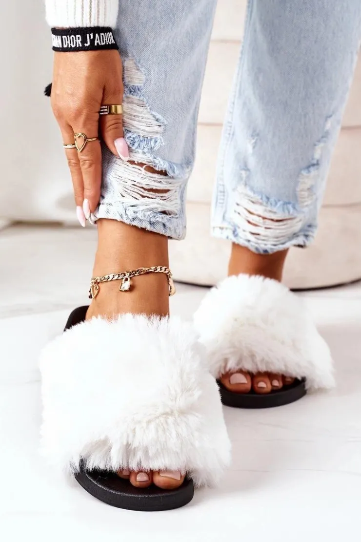 Damskie Boto Gumowe Klapki Z Futerkiem Białe Soft