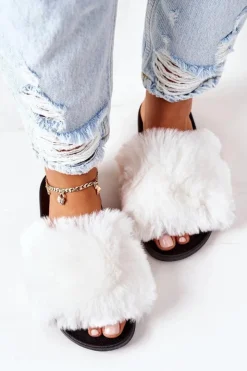 Damskie Boto Gumowe Klapki Z Futerkiem Białe Soft