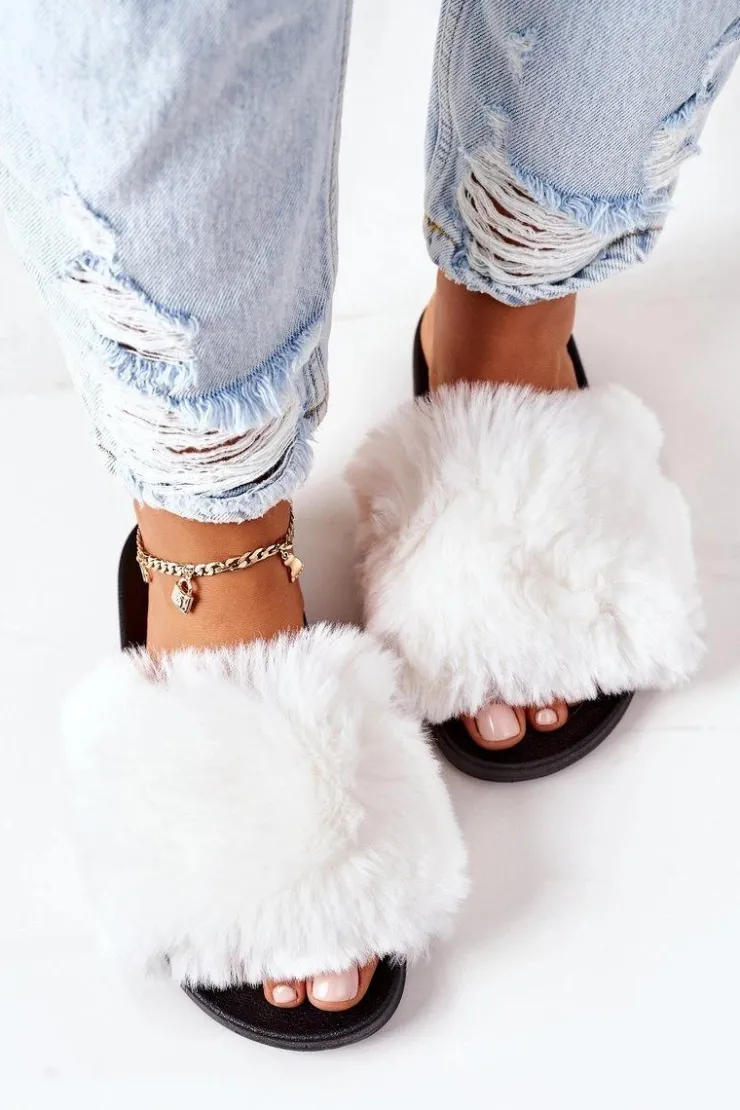 Damskie Boto Gumowe Klapki Z Futerkiem Białe Soft