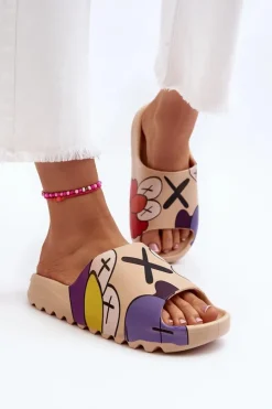 Boto Klapki Damskie Klasyczne*Gumowe Klapki Z Nadrukiem Ciemnobeżowe Monsters