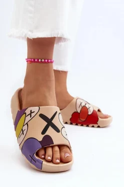 Boto Klapki Damskie Klasyczne*Gumowe Klapki Z Nadrukiem Ciemnobeżowe Monsters