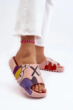 Boto Klapki Damskie Klasyczne*Gumowe Klapki Z Nadrukiem Różowe Monsters Różowy