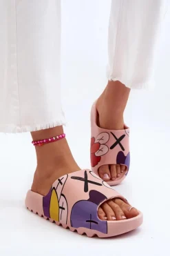 Boto Klapki Damskie Klasyczne*Gumowe Klapki Z Nadrukiem Różowe Monsters Różowy