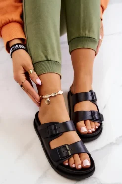 Damskie Damskie buty S.Barski Gumowe Klapki Ze Sprzączką Czarne Corina