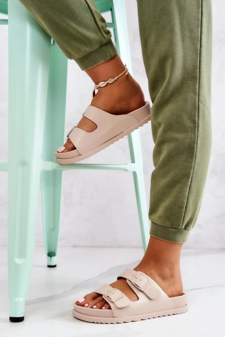 Outlet Damskie buty S.Barski Gumowe Klapki Ze Sprzączką Beżowe Corina