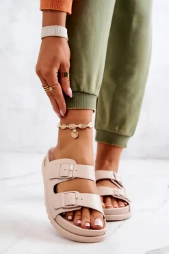 Outlet Damskie buty S.Barski Gumowe Klapki Ze Sprzączką Beżowe Corina