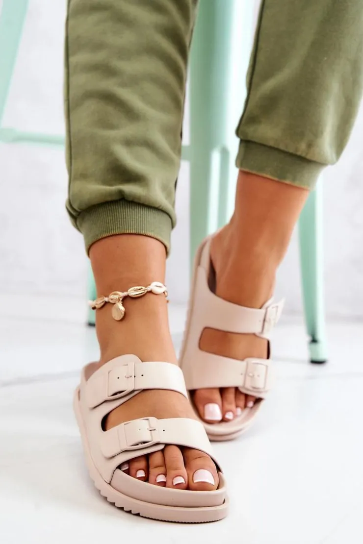 Outlet Damskie buty S.Barski Gumowe Klapki Ze Sprzączką Beżowe Corina