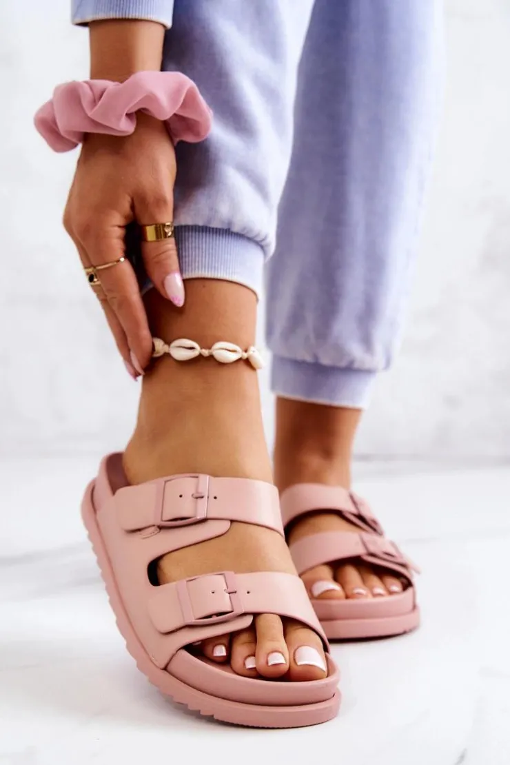 Sale Damskie buty S.Barski Gumowe Klapki Ze Sprzączką Różowe Corina