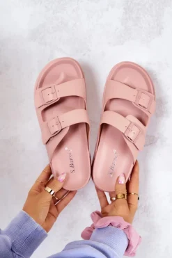 Sale Damskie buty S.Barski Gumowe Klapki Ze Sprzączką Różowe Corina
