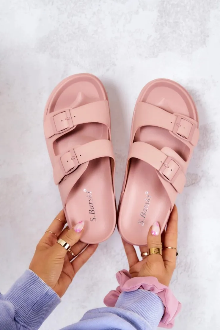 Sale Damskie buty S.Barski Gumowe Klapki Ze Sprzączką Różowe Corina