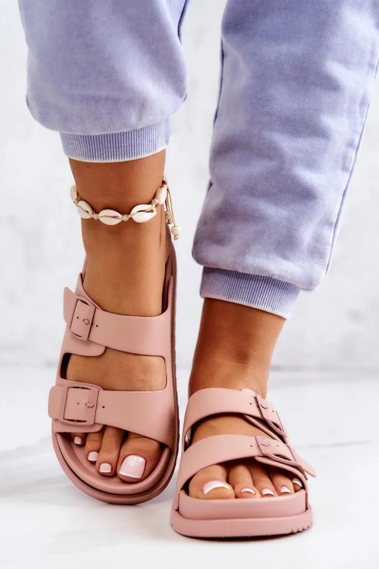 Sale Damskie buty S.Barski Gumowe Klapki Ze Sprzączką Różowe Corina