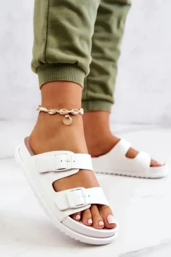 Sale Damskie buty S.Barski Gumowe Klapki Ze Sprzączką Białe Corina Biały