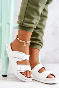 Sale Damskie buty S.Barski Gumowe Klapki Ze Sprzączką Białe Corina Biały