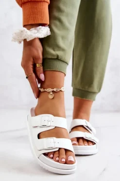 Sale Damskie buty S.Barski Gumowe Klapki Ze Sprzączką Białe Corina Biały