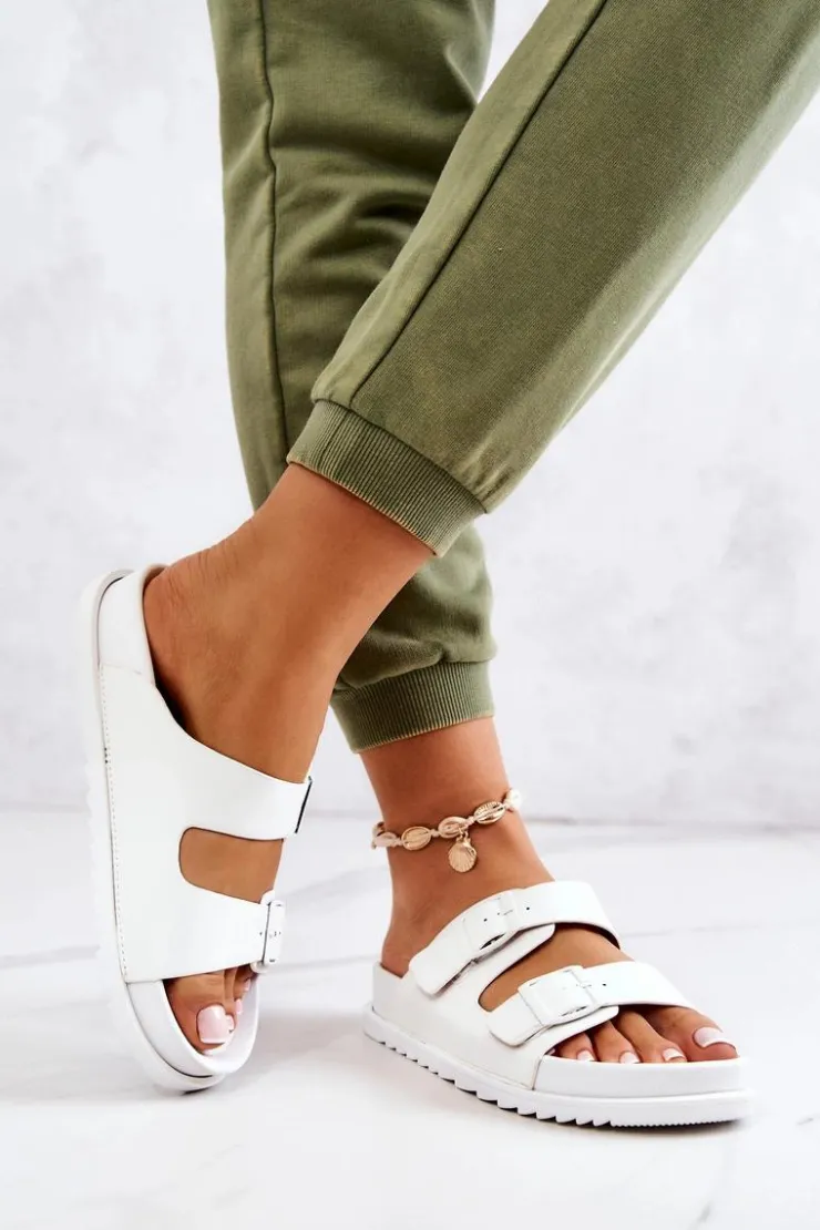 Sale Damskie buty S.Barski Gumowe Klapki Ze Sprzączką Białe Corina Biały