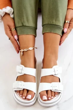 Sale Damskie buty S.Barski Gumowe Klapki Ze Sprzączką Białe Corina Biały