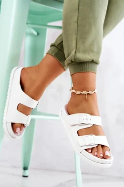 Sale Damskie buty S.Barski Gumowe Klapki Ze Sprzączką Białe Corina Biały