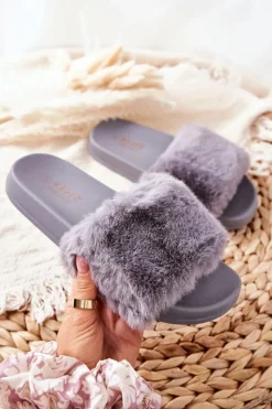 Boto Kapcie Klasyczne|Klapki Z Futerkiem*Gumowe Profilowane Klapki Z Futerkiem Szare Emmie