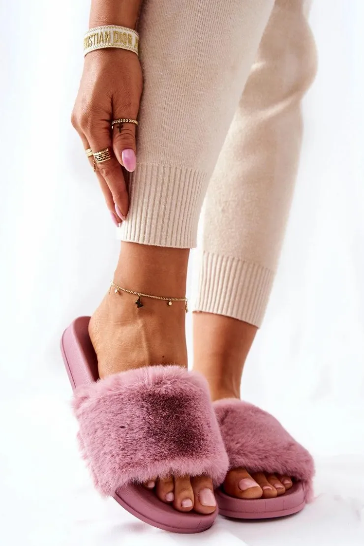 Sale Boto Gumowe Profilowane Klapki Z Futerkiem Ciemnoróżowe Emmie