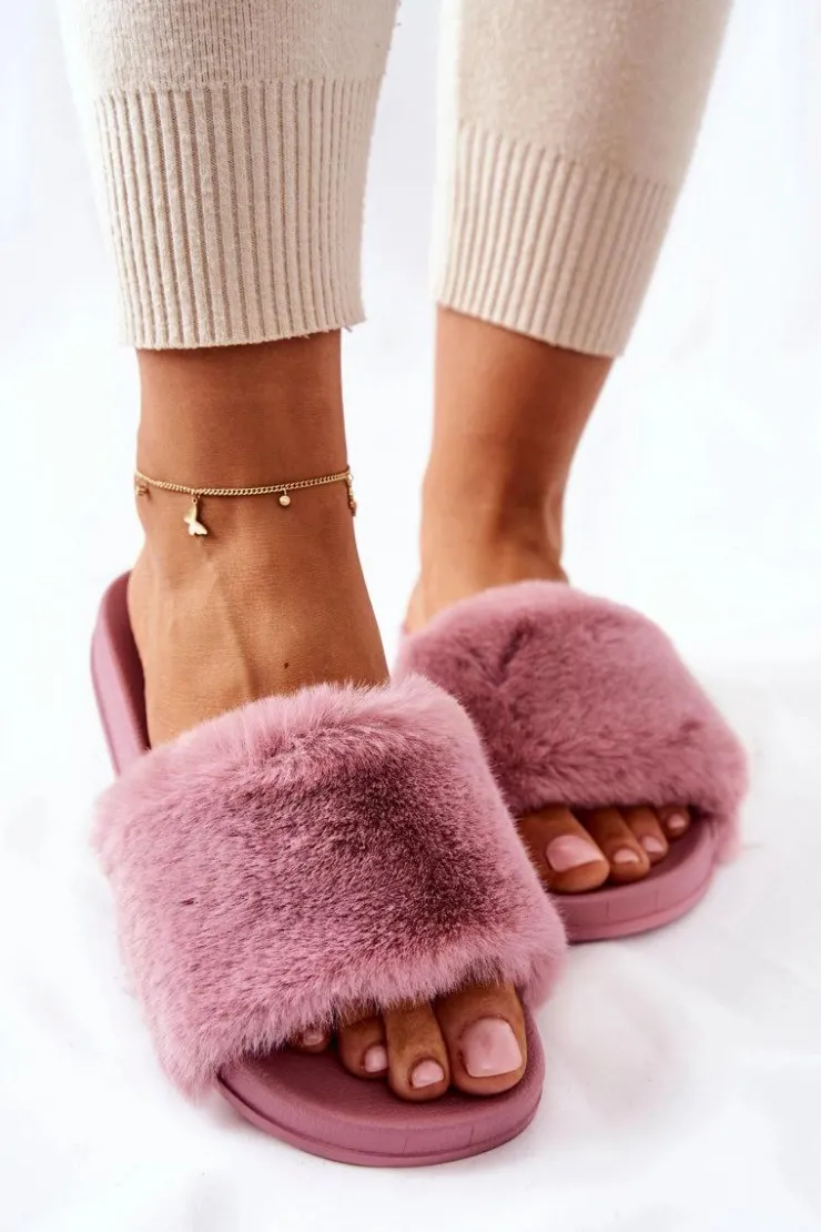 Sale Boto Gumowe Profilowane Klapki Z Futerkiem Ciemnoróżowe Emmie