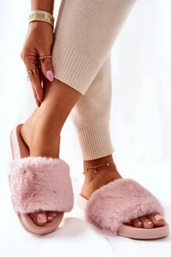 Damskie Boto Gumowe Profilowane Klapki Z Futerkiem Różowe Emmie