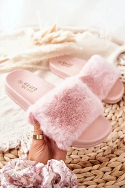 Damskie Boto Gumowe Profilowane Klapki Z Futerkiem Różowe Emmie