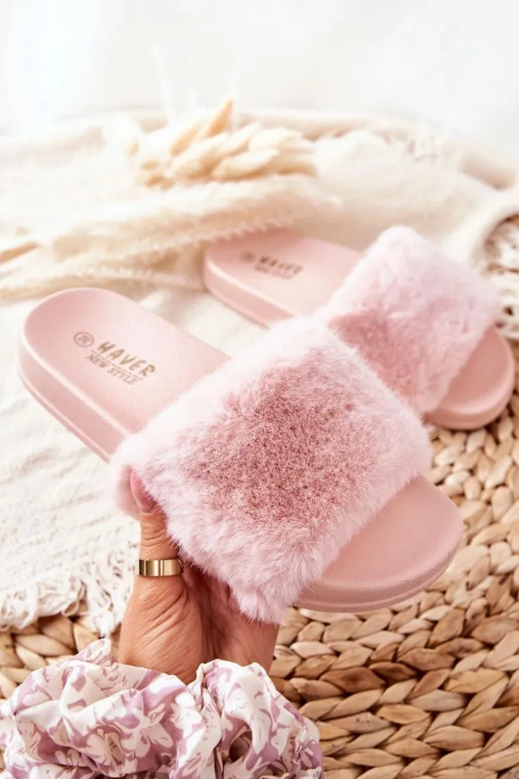 Damskie Boto Gumowe Profilowane Klapki Z Futerkiem Różowe Emmie