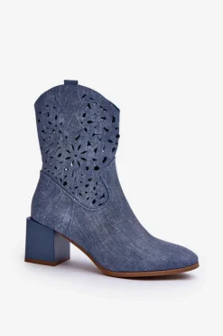 Damskie Boto Jeansowe Botki Z Ażurową Cholewką Na Klocku Niebieskie Irvelame