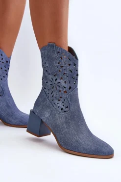Damskie Boto Jeansowe Botki Z Ażurową Cholewką Na Klocku Niebieskie Irvelame