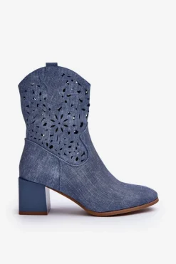 Damskie Boto Jeansowe Botki Z Ażurową Cholewką Na Klocku Niebieskie Irvelame