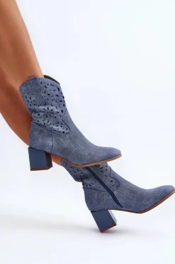 Damskie Boto Jeansowe Botki Z Ażurową Cholewką Na Klocku Niebieskie Irvelame
