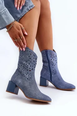 Damskie Boto Jeansowe Botki Z Ażurową Cholewką Na Klocku Niebieskie Irvelame