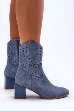 Damskie Boto Jeansowe Botki Z Ażurową Cholewką Na Klocku Niebieskie Irvelame