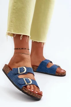 Damskie Boto Jeansowe Damskie Klapki Na Korkowej Platformie Z Paskami Ciemnoniebieskie Doretta