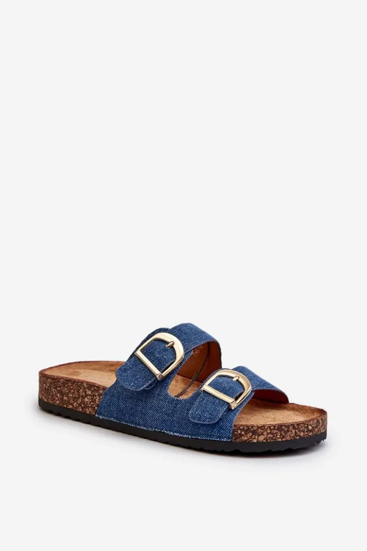 Damskie Boto Jeansowe Damskie Klapki Na Korkowej Platformie Z Paskami Ciemnoniebieskie Doretta