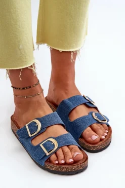 Damskie Boto Jeansowe Damskie Klapki Na Korkowej Platformie Z Paskami Ciemnoniebieskie Doretta