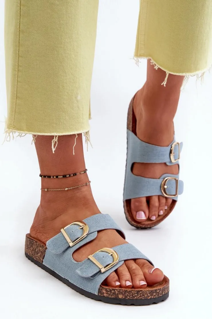 Damskie Boto Jeansowe Damskie Klapki Na Korkowej Platformie Z Paskami Niebieskie Doretta