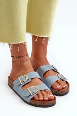 Damskie Boto Jeansowe Damskie Klapki Na Korkowej Platformie Z Paskami Niebieskie Doretta