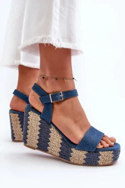 Best Boto Jeansowe Sandały Damskie Na Koturnie Z Plecionką Niebieskie Reviala