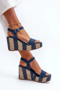 Best Boto Jeansowe Sandały Damskie Na Koturnie Z Plecionką Niebieskie Reviala