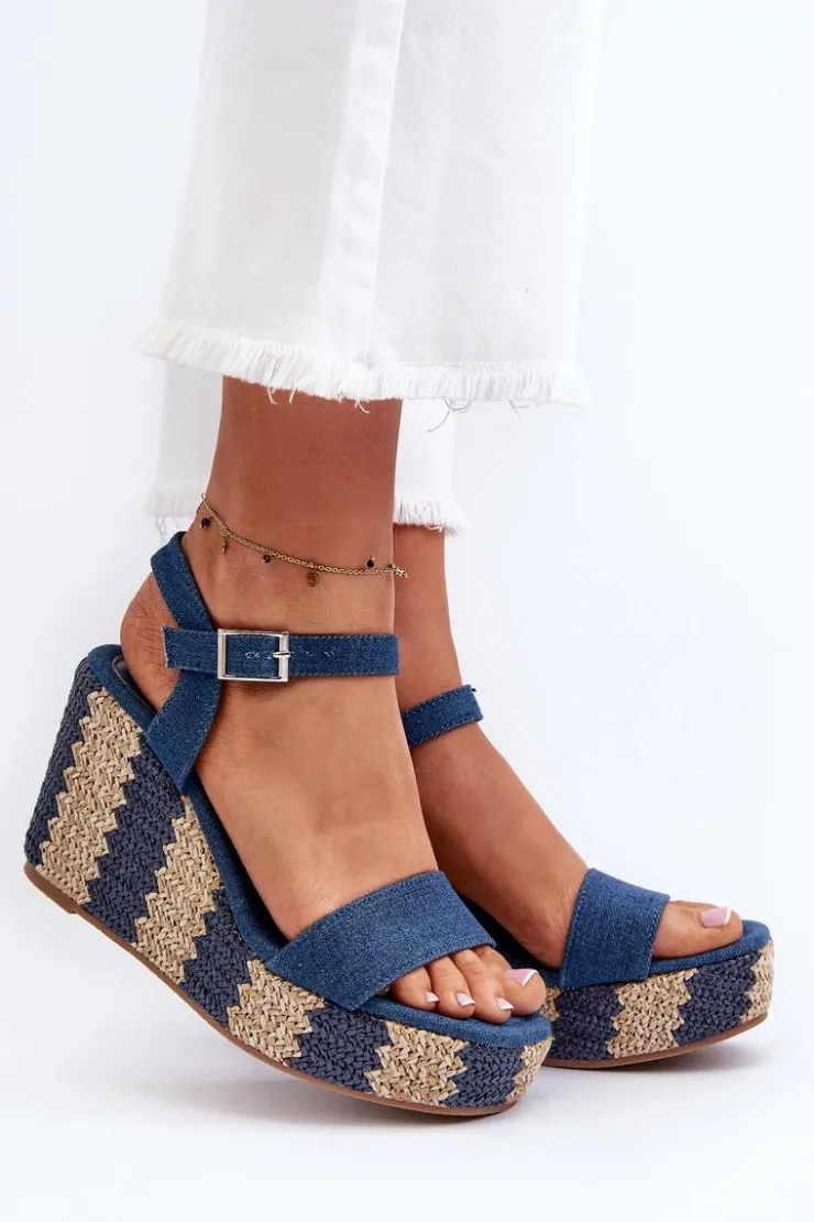 Best Boto Jeansowe Sandały Damskie Na Koturnie Z Plecionką Niebieskie Reviala