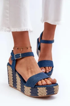Best Boto Jeansowe Sandały Damskie Na Koturnie Z Plecionką Niebieskie Reviala