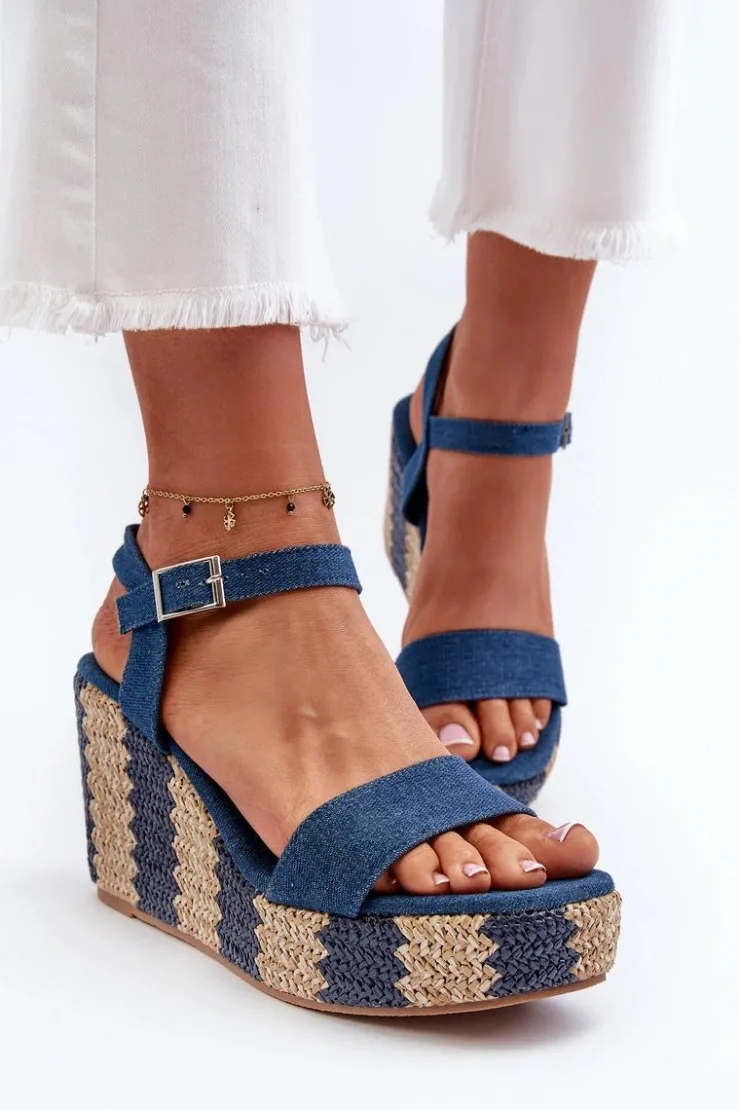 Best Boto Jeansowe Sandały Damskie Na Koturnie Z Plecionką Niebieskie Reviala