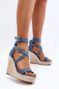 Boto Sandały Na Koturnie*Jeansowe Sandały Na Koturnie Z Plecionką Niebieskie Salthe