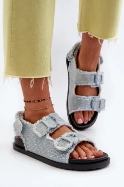 Boto Sandały Płaskie*Jeansowe Zdobione Sandały Damskie Niebieskie Irmale