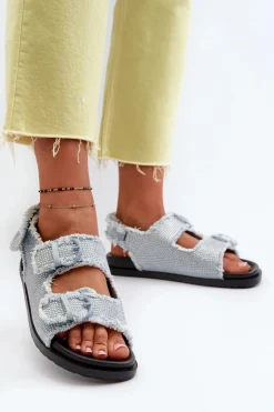 Boto Sandały Płaskie*Jeansowe Zdobione Sandały Damskie Niebieskie Irmale