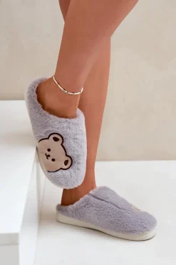 Boto Kapcie Klasyczne*Kapcie Damskie Futrzane Z Misiem Szare Fiorinella Szary