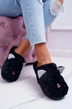 Damskie Boto Kapcie Damskie Kotki z Uszami Czarne Sleppyhead