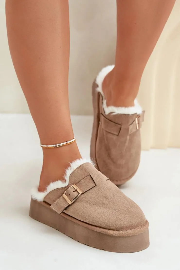 New Boto Kapcie Damskie Na Grubej Podeszwie Z Futerkiem I Klamrą Ciemnobeżowe Linneola Beżowy